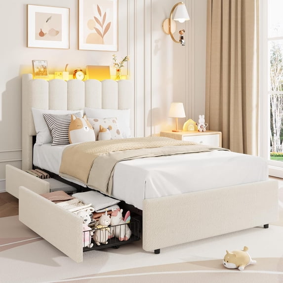IdealHouse LED Twin Size Bed Frame with Storage Headboard, Boucle Upholstered Platform Bed for Girls, 2 Drawers & Bookcase, No Box Spring Needed, White