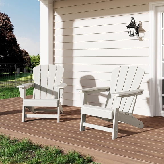IdealHouse Modern HDPE Plastic Adirondack Chair Set of 2 - Oversize 380 LB Poly Lumber Weather Resistant Firepit Chair - Outdoor Patio Chairs with Wooden Textured for Deck, Pool, Porch - White