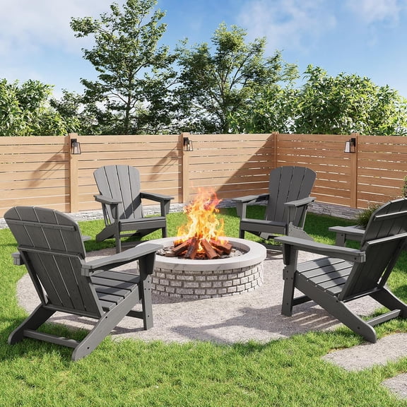 IdealHouse Modern HDPE Plastic Adirondack Chair Set of 4 - Oversize 380 LB Poly Lumber Weather Resistant Firepit Chair - Outdoor Patio Chairs with Wooden Textured for Deck, Pool, Porch - Grey