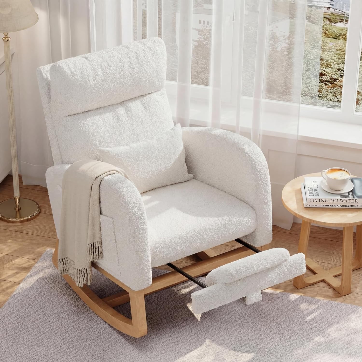IdealHouse Modern Nursery Rocking Chair with Adjustable Footrest, Boucle Upholstered Rocker with Side Pocket, Glider Recliner for Living Room, Bedroom, Beige