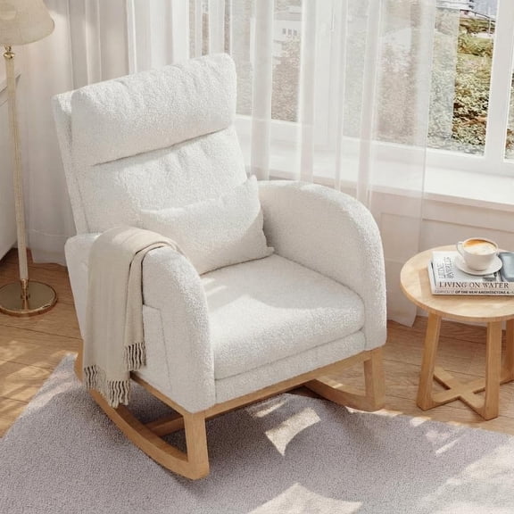 IdealHouse Modern Nursery Rocking Chair, Boucle Upholstered Rocker with Side Pocket, Ergonomic Glider for Bedroom, Living Room, Nursery, Easy Assembly, Beige