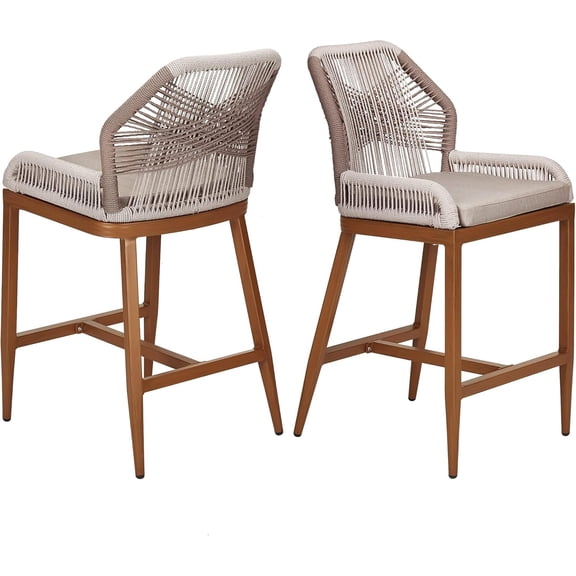 IdealHouse Outdoor Bar Stools Set of 2, Purple Leaf Bohemia Wicker Rattan High Top Patio Chairs with Back & Footrest, for Garden Balcony Pool Bar, Wood Grain