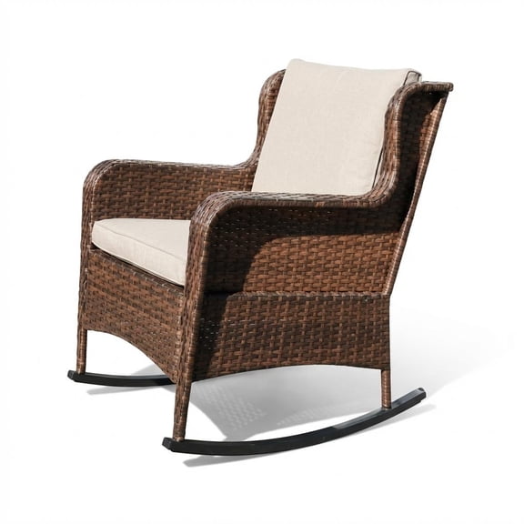 IdealHouse Outdoor Wicker Rocking Chair, Rattan Patio Rocker with Cushions and High Back, All-Weather Wicker Rocking Chair for Garden, Backyard & Porch, Brown Wicker & Beige Cushions