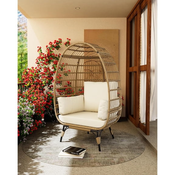 IdealHouse Oversize Wicker Egg Chair with Plush Cushions, Rattan Lounge Chair Steel Frame for Patio, Porch, Indoor Use, Beige