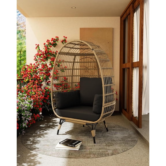 IdealHouse Oversize Wicker Egg Chair with Plush Cushions, Rattan Lounge Chair Steel Frame for Patio, Porch, Indoor Use, Black