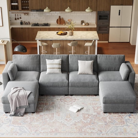 IdealHouse Oversized Modular Sectional Sofa, 6 Seater Sectional Couch, 136" U Shaped Sofa with Movable Ottoman, Convertible Modular Couch for Living Room Apartment and Office, Chenille Grey