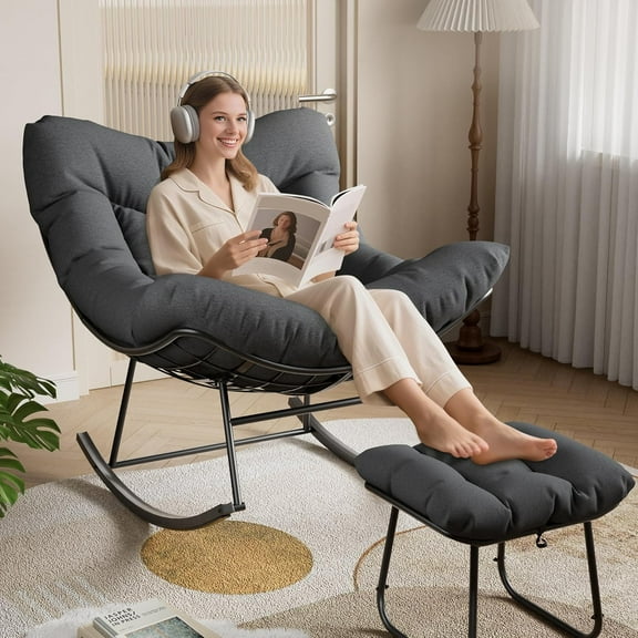 IdealHouse Oversized Outdoor Papasan Rocking Chair, Weather-Resistant Rattan Egg Rocker with Metal Frame, for Balcony Backyard Porch, Grey