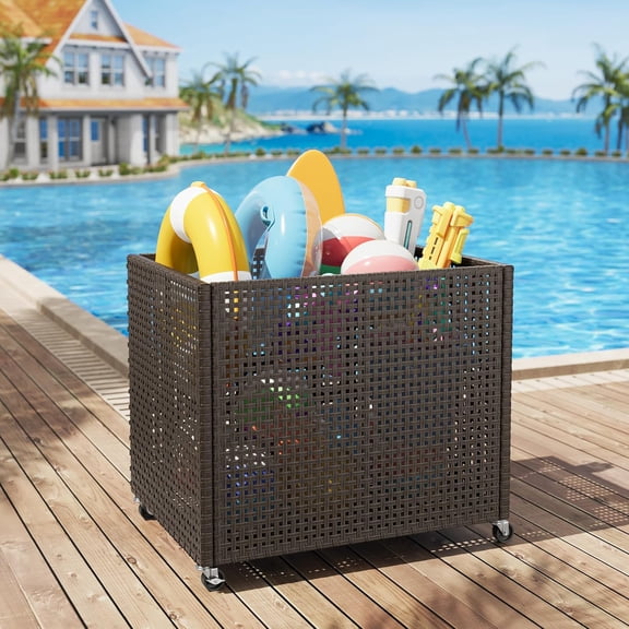 IdealHouse Poolside Rattan Storage Organizer, Pool Float Storage Holder with Mesh Rolling for Pool Noodles, Toys, Floats, Balls, and Equipment, Outdoor Storage Bin, Grey
