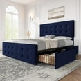 thumbnail image 1 of IdealHouse Queen Size Upholstered Bed Frame with 4 Storage Drawers, Adjustable Linen Headboard, Button Tufted Platform, No Box Spring Needed, Blue, 1 of 8