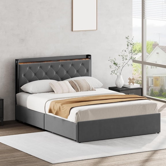 IdealHouse Queen Velvet Headboard Storage Bed Frame - 4 Drawers, USB/AC Charging Station, No Box Spring Needed, Noise Free Wooden Slat Support