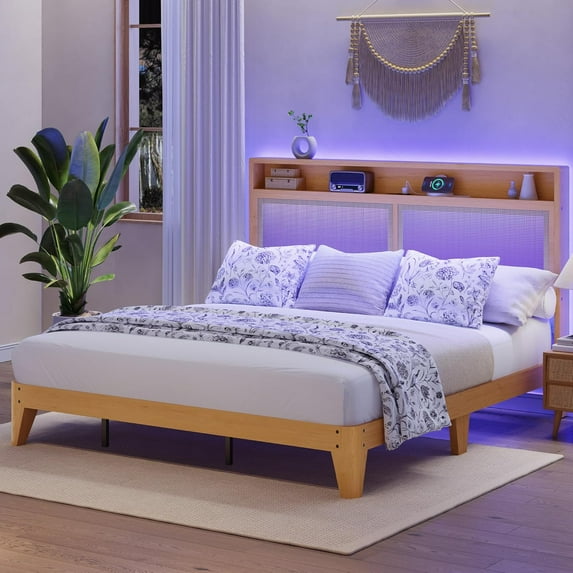 IdealHouse Rattan King Size Bed Frame with RGB LED Lights, Boho Style, Storage Headboard & Charging Station, No Box Spring Needed