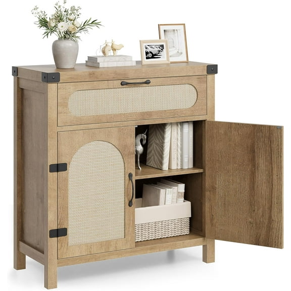IdealHouse Rattan Sideboard Buffet Cabinet with Drawer, Boho Farmhouse Kitchen Storage Cabinet, Wooden Coffee Bar Buffet for Dining Room, Living Room, Hallway, Natural