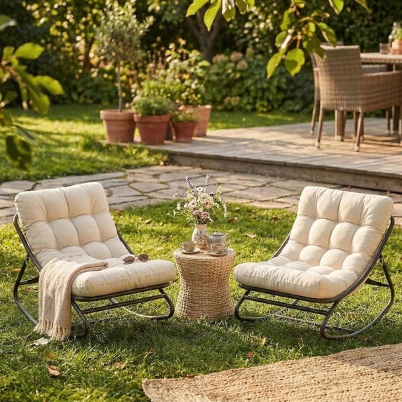 IdealHouse Rocking Papasan Chair 2 PCS, Outdoor Rocker Chair with Thick Waterproof Cushion, 300lbs Heavy Duty Metal Patio Rocking Chair for Garden, Porch, Nursery, Silla Mecedora para Adulto-Beige