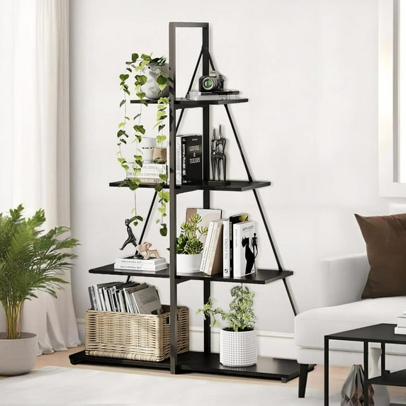 IdealHouse Sailboat Shaped Bookshelf, 4-Tier Ladder Book Shelf, Nautical Storage Shelves, Space-Saving Freestanding Organizer for Living Room, Office, Black