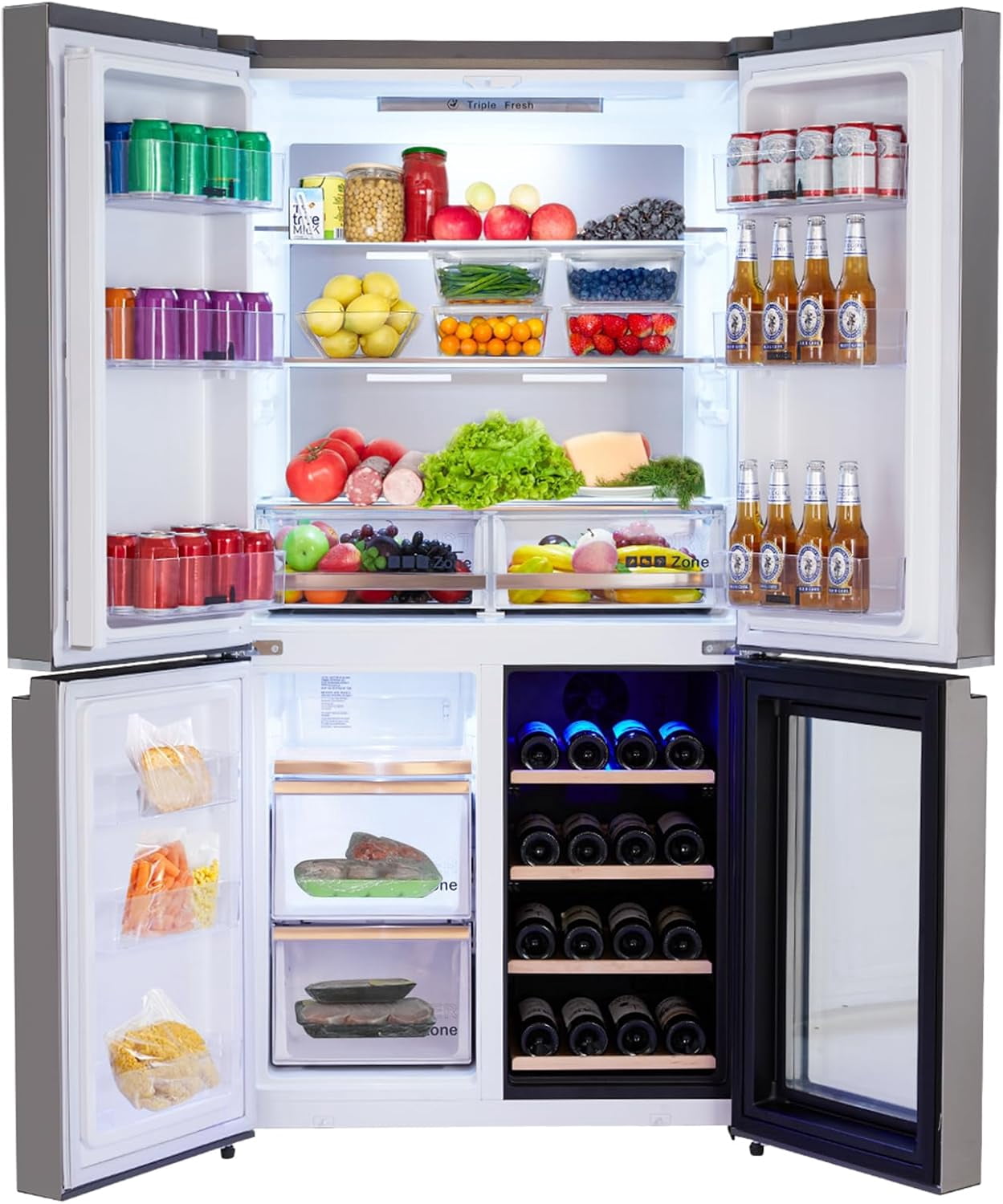 IdealHouse Stainless-Steel 4 Doors Fridges Kitchen-Freezer - 36 Inch French Door Refrigerator, 21 Cu.Ft. Counter Depth Refrigerator Bottom Freezer with Wine Cabinet,Adjustable Shelves