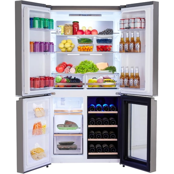IdealHouse Stainless-Steel 4 Doors Fridges Kitchen-Freezer - 36 Inch French Door Refrigerator, 21 Cu.Ft. Counter Depth Refrigerator Bottom Freezer with Wine Cabinet,Adjustable Shelves