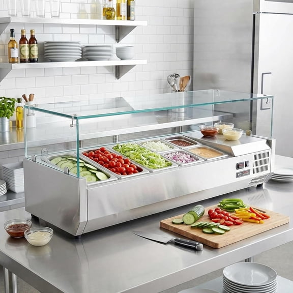 IdealHouse Stainless Steel Refrigerated Condiment Station E55TW with Stainless Steel Condiment Cooler, Commercial Refrigerated Condiment Prep Table, 140W Compressor Cooling System