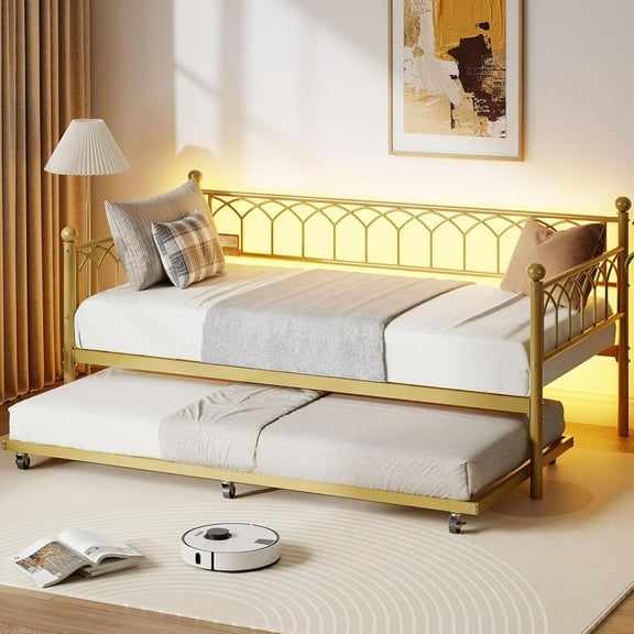 IdealHouse Twin Daybed with Trundle, Metal Sofa Bed with RGB LED Lights & Charging Station, Pull-Out Bed for Small Spaces, Gold