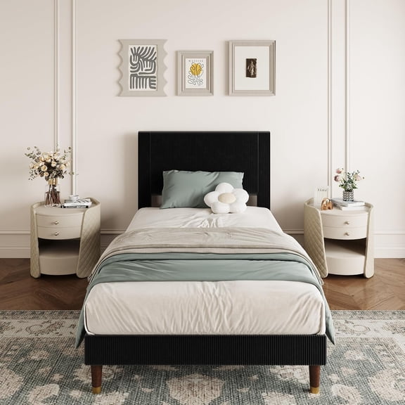 IdealHouse Twin Platform Bed Frame with Headboard, Corduroy Upholstered Bed, Wooden Slats Support, Noise-Free Easy Assembly, No Box Spring Needed, Black