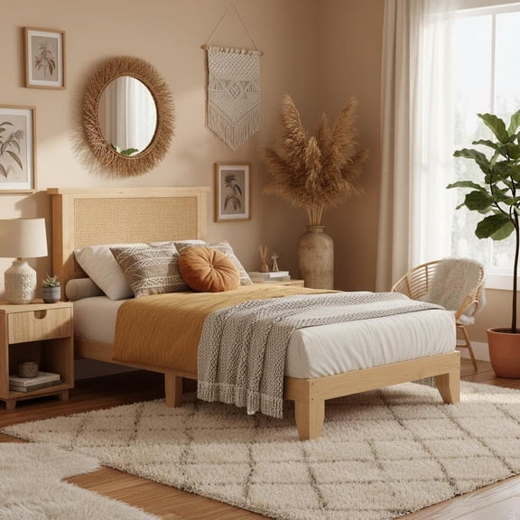 IdealHouse Twin Rattan Bed Frame, Bohemian Rattan Bed Frame Twin with Natural Headboard, LED Lights, No Box Spring Needed