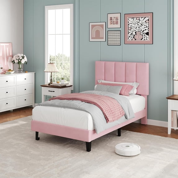 IdealHouse Twin Size Bed Frame, Velvet Upholstered Platform Bed Frame with Adjustable Headboard, No Box Spring Needed, Easy Assembly, Pink
