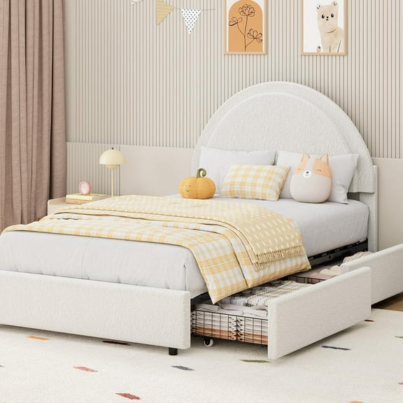 IdealHouse Twin Size Boucle Upholstered Bed Frame with 2 Storage Drawers, Round Headboard, Heavy Duty Platform, Wood Slats, No Box Spring Needed, White