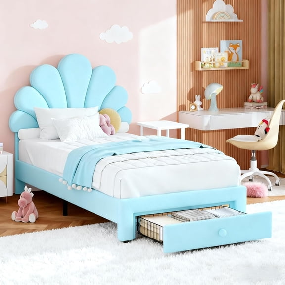 IdealHouse Twin Upholstered Bed Frame, Velvet Princess Bed with 2 Storage Drawers & Adjustable Petal Headboard, No Box Spring Needed, Blue