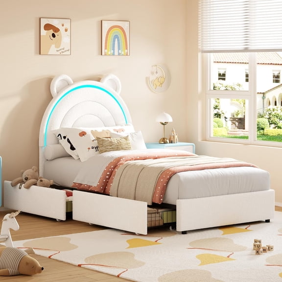 IdealHouse Twin Velvet Bed Frame for Girls, Upholstered Platform Bed with Bear Headboard, LED Lights & 2 Storage Drawers, No Box Spring Needed, White