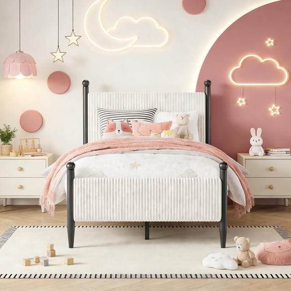 IdealHouse Twin Wooden Platform Bed Frame with Storage Headboard & Raised Footboard, No Box Spring Needed, Twin White