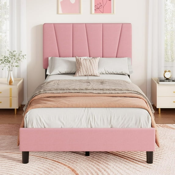 IdealHouse Twin-XL Size Bed Frame with Adjustable Headboard, Linen Upholstered Platform, Strong Wood Slats, No Box Spring Needed, Easy Assembly, Pink