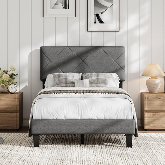 IdealHouse Upholstered Twin Bed Frame with Headboard, Modern Platform Bed with Wooden Slats Support, Noise Free Twin Platform Beds for Bedroom, No Box Spring Needed, Dark Gray