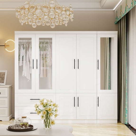 Idealcabin Freestanding Wardrobe Armoire With Drawers, Modern Bedroom Wardrobe Closet for Hanging Clothes, Wood Cabinet with Shelves
