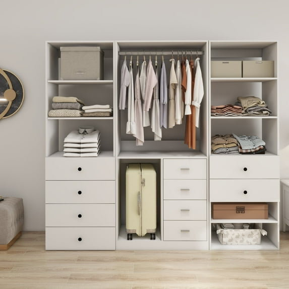 Idealcabin Walk-in Closet Organizer, Wood Storage System with Drawers, Modern White Closet System