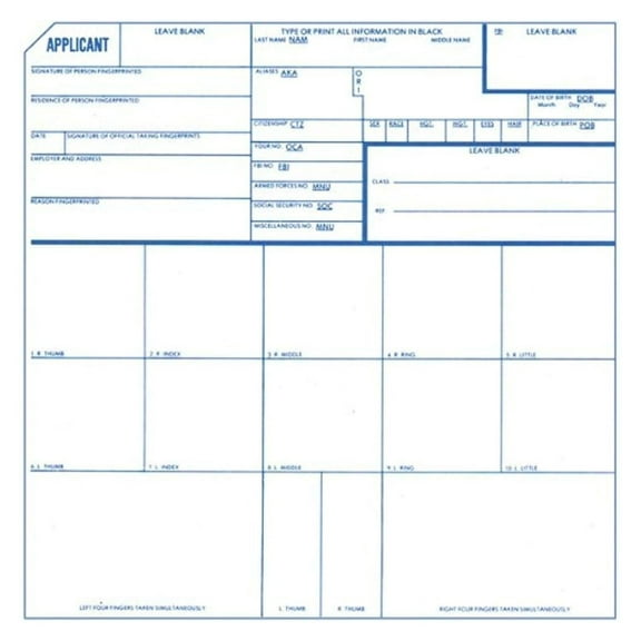Identicator Applicant Fingerprint Cards, Pack of 250, FBI Standard Form No. FD-258