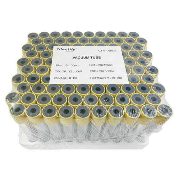 Identify Health Vacuum Urine Specimen Tubes | 100 Pack | 10 ML Non-Additive Urine Collection Yellow Cap, Sterile 16x100 MM