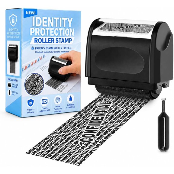 Identity Theft Protection Roller Stamp, 1 Refill Ink - Confidential Roller Stamp for Identity Protection & Security Stamps- Blocking Out Privacy Information and Guard Your Address and ID