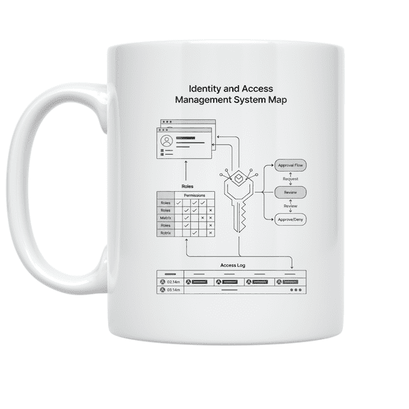 Identity and Access Management System Map Mug, Iam Teams, IT Staff, and Security Architects, 11 oz White Ceramic