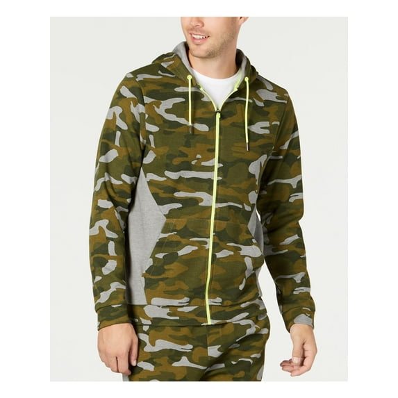 Ideology Mens Sweater Gray Green Full Zip Camoflauge Printed, XL