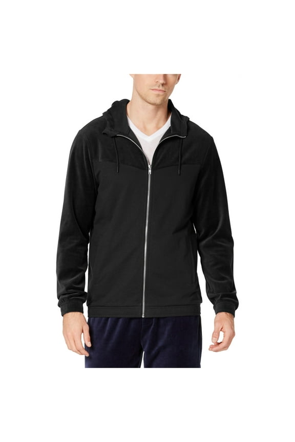 Mens Velour Chevron Hoodie Sweatshirt, Black, Large