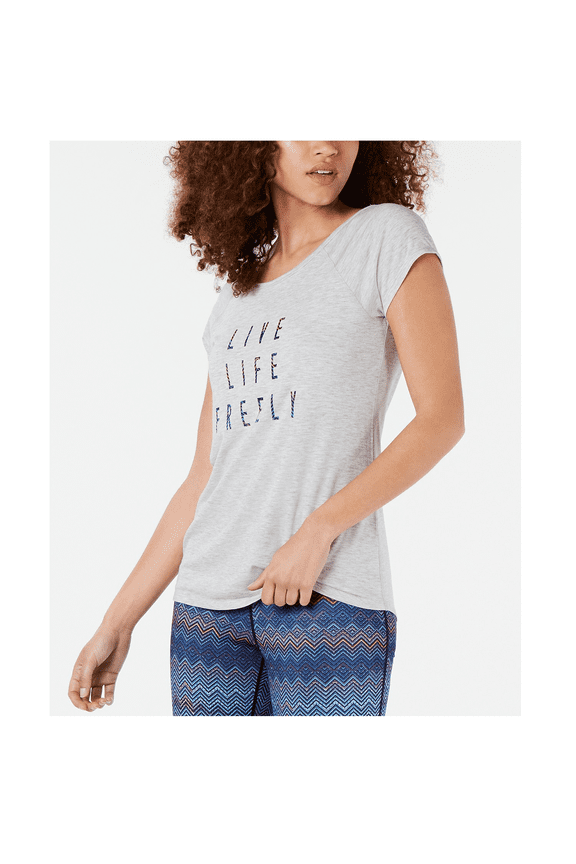 Womens New 0084 Gray Printed Cross Back T-Shirt Active Wear Top M B+B