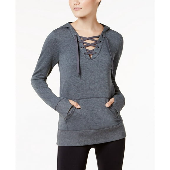 Ideology Women's Lace-Up Hoodie, Charcoal Heather (L)