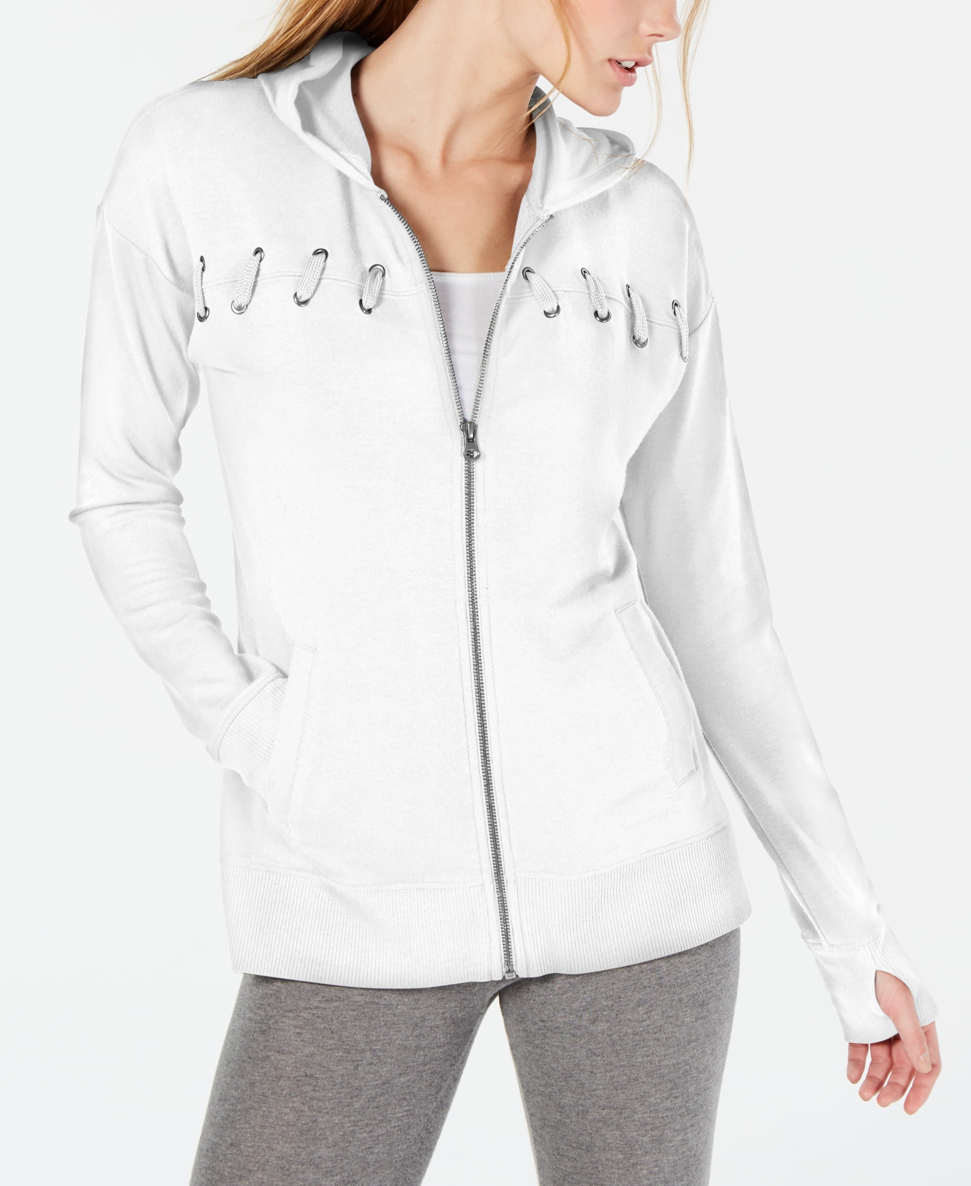 Ideology Women's LaceUp Zip ThumbHole Hoodie, White Heather, XS