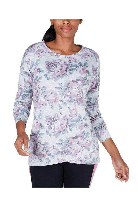 Printed Tulip-Hem Top (Grey Whisper/Floral Pink, XS)