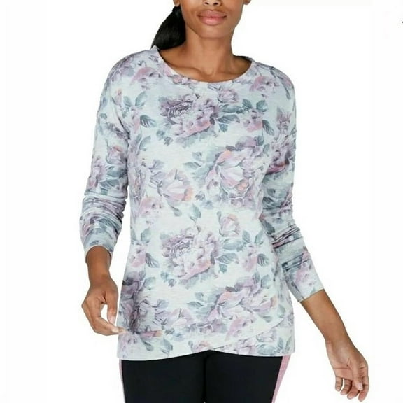 Ideology Women's Printed Tulip-Hem Long Sleeve Pullover Top Grey Size Small