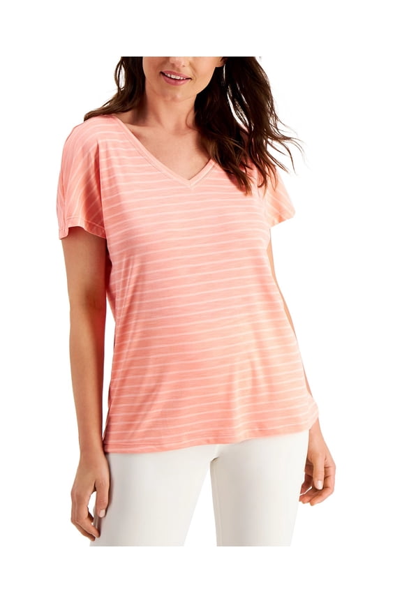 Women's V-Neck Shadow-Stripe T-Shirt, Flamenco Pink, L