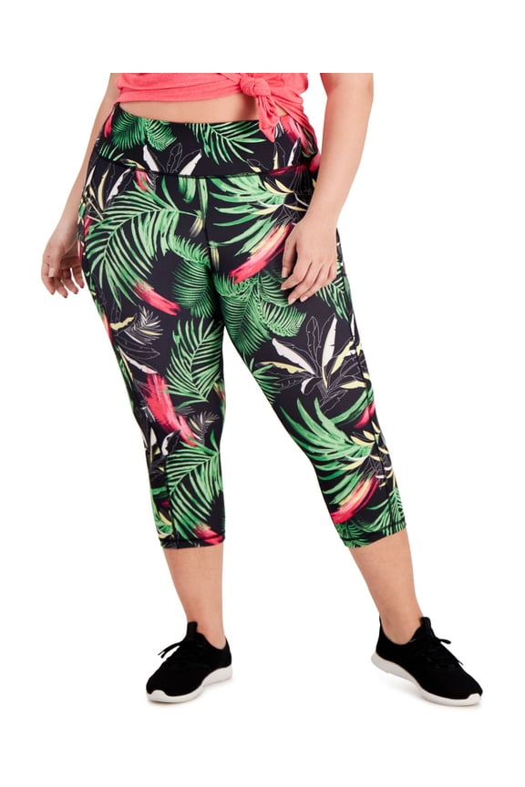 Womens Activewear Plus Size Tropical-Print Side-Pocket Crop;4X
