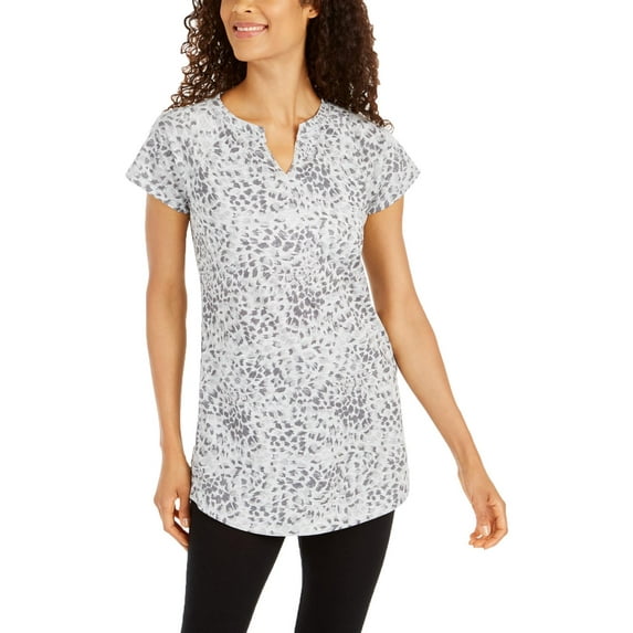 Women's Ideology Printed Split Neck Short Sleeve Pullover Tunic Top Gray Small