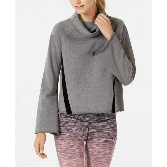 Ideology Womens Cowl Neck Velour Trim Top,Gray,Medium