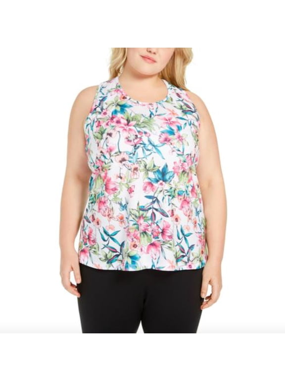 Womens Island Palm White Floral-Print Split-Back Top Plus Size 3X $34
