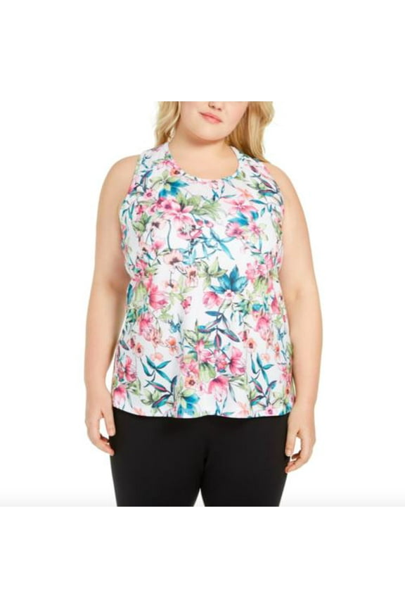Womens Island Palm White Floral-Print Split-Back Top Plus Size 3X $34